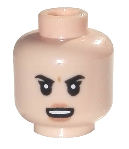 Display of LEGO part no. 3626cpb2926 Minifigure, Head Female Black Eyebrows, Open Smile and White Teeth, Angry Frown Pattern, Hollow Stud  which is a Light Nougat Minifigure, Head Female Black Eyebrows, Open Smile and White Teeth, Angry Frown Pattern, Hollow Stud 