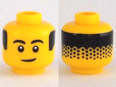 Display of LEGO part no. 3626cpb2934 Minifigure, Head Black Eyebrows, Eyes with White Pupils, Hair on Back Pattern, Hollow Stud  which is a Yellow Minifigure, Head Black Eyebrows, Eyes with White Pupils, Hair on Back Pattern, Hollow Stud 