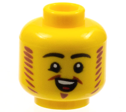 Display of LEGO part no. 3626cpb2939 Minifigure, Head Black Eyebrows, Reddish Brown Mutton Chops and Van Dyke Beard, Open Smile Pattern, Hollow Stud  which is a Yellow Minifigure, Head Black Eyebrows, Reddish Brown Mutton Chops and Van Dyke Beard, Open Smile Pattern, Hollow Stud 