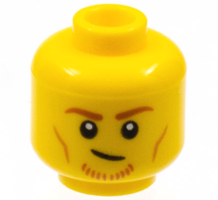 Display of LEGO part no. 3626cpb2941 Minifigure, Head Dark Orange Eyebrows and Chin Whiskers, Medium Nougat Cheek Lines Pattern, Hollow Stud  which is a Yellow Minifigure, Head Dark Orange Eyebrows and Chin Whiskers, Medium Nougat Cheek Lines Pattern, Hollow Stud 
