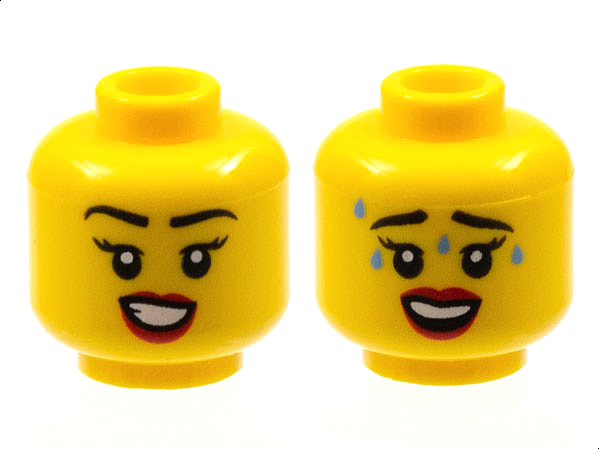 Display of LEGO part no. 3626cpb2958 Minifigure, Head Dual Sided Female Black Eyebrows, Red Lips, Smile with Teeth / Worried with Sweat Pattern, Hollow Stud  which is a Yellow Minifigure, Head Dual Sided Female Black Eyebrows, Red Lips, Smile with Teeth / Worried with Sweat Pattern, Hollow Stud 