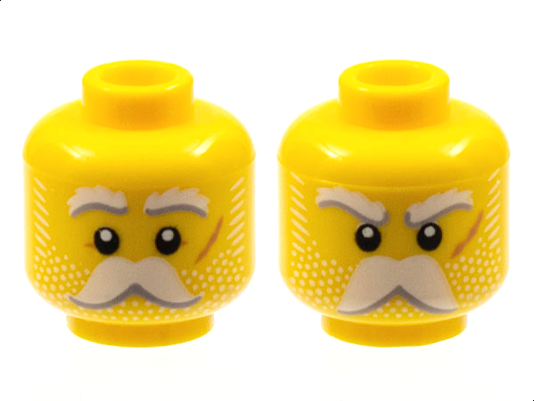 Display of LEGO part no. 3626cpb2959 Minifigure, Head Dual Sided White Eyebrows, Moustache, and Whiskers, Medium Nougat Scar on Left Cheek, Neutral / Angry Pattern, Hollow Stud  which is a Yellow Minifigure, Head Dual Sided White Eyebrows, Moustache, and Whiskers, Medium Nougat Scar on Left Cheek, Neutral / Angry Pattern, Hollow Stud 