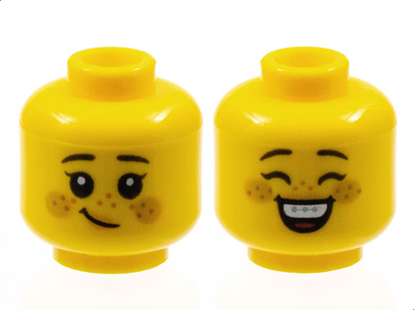 Display of LEGO part no. 3626cpb2962 Minifigure, Head Dual Sided Child Black Eyebrows, Bright Light Orange Cheeks, Medium Nougat Freckles, Grin / Smile with Braces Pattern, Hollow Stud  which is a Yellow Minifigure, Head Dual Sided Child Black Eyebrows, Bright Light Orange Cheeks, Medium Nougat Freckles, Grin / Smile with Braces Pattern, Hollow Stud 