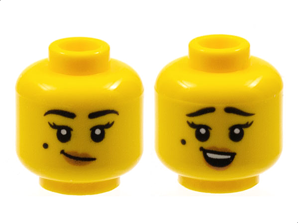 Display of LEGO part no. 3626cpb2963 Minifigure, Head Dual Sided Female Black Eyebrows and Beauty Mark, Medium Nougat Lips, Lopsided Grin / Surprised Pattern, Hollow Stud  which is a Yellow Minifigure, Head Dual Sided Female Black Eyebrows and Beauty Mark, Medium Nougat Lips, Lopsided Grin / Surprised Pattern, Hollow Stud 