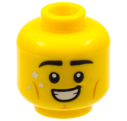 Display of LEGO part no. 3626cpb2968 Minifigure, Head Black Eyebrows, Gold Stars, Medium Nougat Cheek Lines and Cleft Chin, Smile with Teeth Pattern, Hollow Stud  which is a Yellow Minifigure, Head Black Eyebrows, Gold Stars, Medium Nougat Cheek Lines and Cleft Chin, Smile with Teeth Pattern, Hollow Stud 