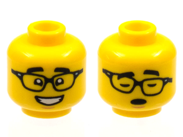 Display of LEGO part no. 3626cpb2971 Minifigure, Head Dual Sided, Black Eyebrows, Glasses with Raised Eyebrows / Asleep with Glasses Crooked Pattern, Hollow Stud  which is a Yellow Minifigure, Head Dual Sided, Black Eyebrows, Glasses with Raised Eyebrows / Asleep with Glasses Crooked Pattern, Hollow Stud 