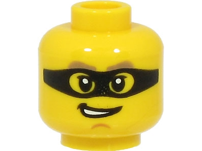 Display of LEGO part no. 3626cpb2972 Minifigure, Head Dark Tan Thick Eyebrows, Black Mask, Chin Dimple, Open Mouth with Teeth, Lopsided Grin Pattern, Hollow Stud  which is a Yellow Minifigure, Head Dark Tan Thick Eyebrows, Black Mask, Chin Dimple, Open Mouth with Teeth, Lopsided Grin Pattern, Hollow Stud 