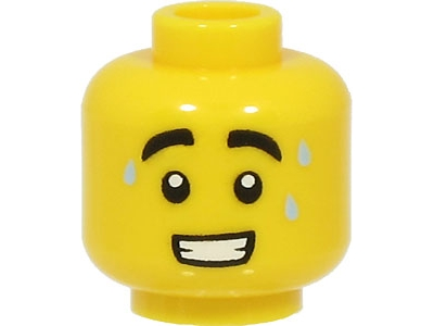 Display of LEGO part no. 3626cpb2973 Minifigure, Head Black Thick Eyebrows, 3 Bright Light Blue Sweat Drops, Open Mouth with Teeth Pattern, Hollow Stud  which is a Yellow Minifigure, Head Black Thick Eyebrows, 3 Bright Light Blue Sweat Drops, Open Mouth with Teeth Pattern, Hollow Stud 