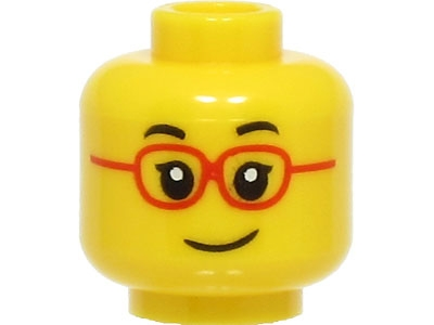 Display of LEGO part no. 3626cpb2978 Minifigure, Head Black Eyebrows, Red Glasses, Smile Pattern, Hollow Stud  which is a Yellow Minifigure, Head Black Eyebrows, Red Glasses, Smile Pattern, Hollow Stud 
