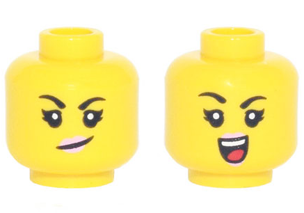Display of LEGO part no. 3626cpb2985 Minifigure, Head Dual Sided Female, Black Eyebrows, Bright Pink Lips, Smirk / Open Smile with Teeth and Red Tongue Pattern, Hollow Stud  which is a Yellow Minifigure, Head Dual Sided Female, Black Eyebrows, Bright Pink Lips, Smirk / Open Smile with Teeth and Red Tongue Pattern, Hollow Stud 