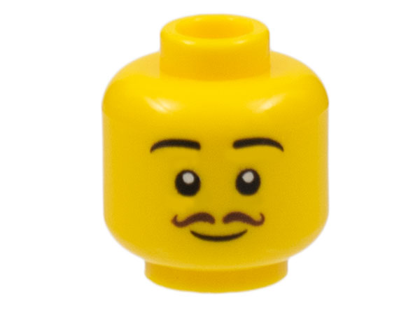 Display of LEGO part no. 3626cpb3081 Minifigure, Head Black Eyebrows, Dark Brown Thin Curly Moustache, Grin Pattern - Hollow Stud