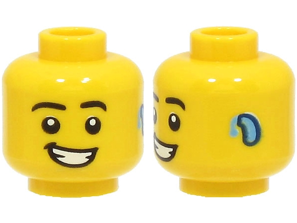 Display of LEGO part no. 3626cpb3081 Minifigure, Head Black Eyebrows, Open Mouth Smile with Teeth, Hearing Aid Pattern - Hollow Stud which is a Yellow Minifigure, Head Black Eyebrows, Open Mouth Smile with Teeth, Hearing Aid Pattern - Hollow Stud