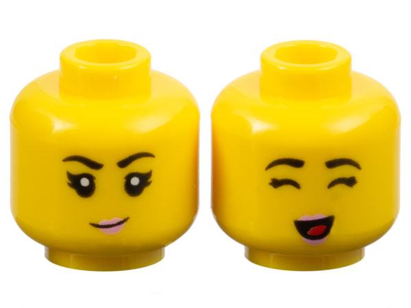 Display of LEGO part no. 3626cpb3204 which is a Yellow Minifigure, Head Dual Sided Female Black Eyebrows, Bright Pink Lips, Small Grin / Closed Eyes and Open Mouth with Red Tongue Pattern, Hollow Stud 
