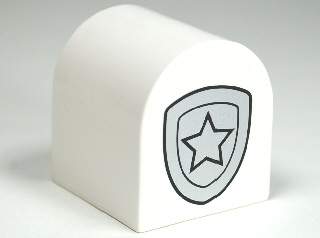 Display of LEGO part no. 3664pb26 Duplo, Brick 2 x 2 x 2 Slope Curved Double with Police Star Badge Metallic Silver Pattern  which is a White Duplo, Brick 2 x 2 x 2 Slope Curved Double with Police Star Badge Metallic Silver Pattern 