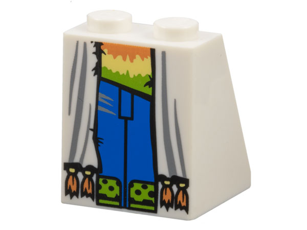 Display of LEGO part no. 3678bpb070 which is a White Slope 65 2 x 2 x 2 with Bottom Tube with Open Robe with Orange Tassels over Tie Dyed Shirt, Blue Pants, and Lime Shoes Pattern 