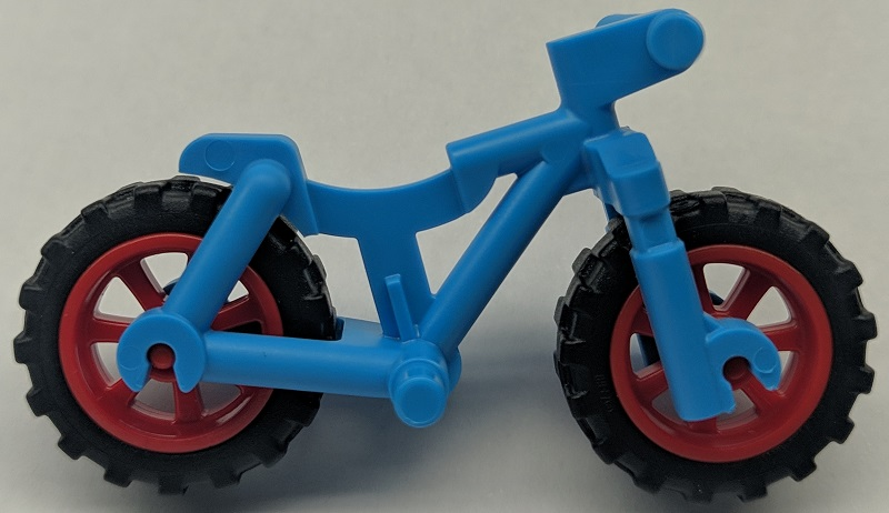 Display of LEGO part no. 36934c03 Bicycle Heavy Mountain Bike with Red Wheels and Black Tires (36934 / 50862 / 50861)  which is a Dark Azure Bicycle Heavy Mountain Bike with Red Wheels and Black Tires (36934 / 50862 / 50861) 