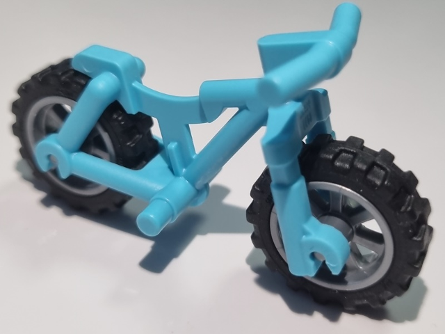 Display of LEGO part no. 36934c04 Bicycle Heavy Mountain Bike with Flat Silver Wheels and Black Tires (36934 / 50862 / 50861)  which is a Medium Azure Bicycle Heavy Mountain Bike with Flat Silver Wheels and Black Tires (36934 / 50862 / 50861) 