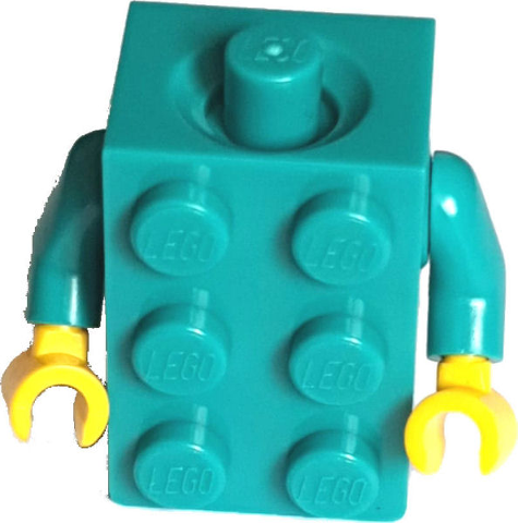 Display of LEGO part no. 37191c05 which is a Dark Turquoise Torso, 2 x 3 Brick Costume / Arms / Yellow Hands (BAM) 