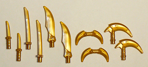 Display of LEGO part no. 37341 Minifigure, Weapon Pack Hooks, Knives, and Swords, 10 in Bag (Multipack)  which is a Pearl Gold Minifigure, Weapon Pack Hooks, Knives, and Swords, 10 in Bag (Multipack) 