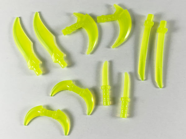 Display of LEGO part no. 37341 Minifigure, Weapon Pack Hooks, Knives, and Swords, 10 in Bag (Multipack)  which is a Trans-Neon Green Minifigure, Weapon Pack Hooks, Knives, and Swords, 10 in Bag (Multipack) 