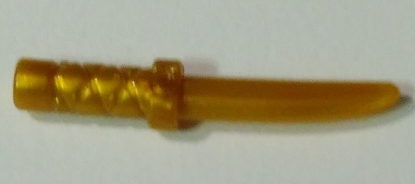 Display of LEGO part no. 37341b Minifigure, Weapon Knife with Flat Hilt End and Curved Blade, Cross Hatched Grip  which is a Pearl Gold Minifigure, Weapon Knife with Flat Hilt End and Curved Blade, Cross Hatched Grip 