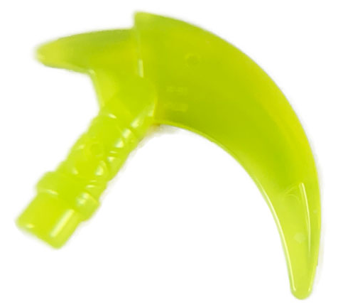 Display of LEGO part no. 37341d Minifigure, Weapon Hook with Bar  which is a Trans-Neon Green Minifigure, Weapon Hook with Bar 