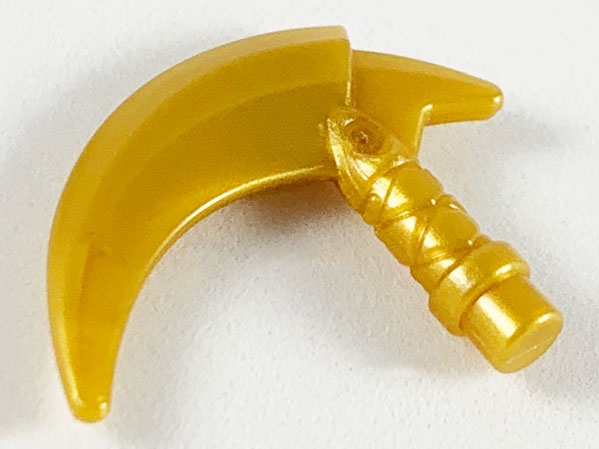 Display of LEGO part no. 37341d Minifigure, Weapon Hook with Bar  which is a Pearl Gold Minifigure, Weapon Hook with Bar 