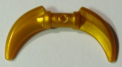 Display of LEGO part no. 37341e Minifigure, Weapon Hook with Double Blades  which is a Pearl Gold Minifigure, Weapon Hook with Double Blades 