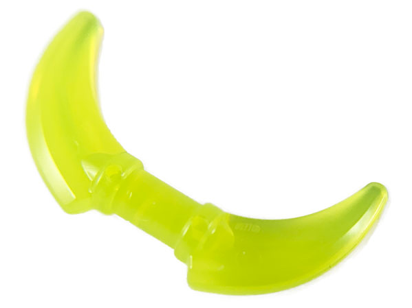 Display of LEGO part no. 37341e Minifigure, Weapon Hook with Double Blades  which is a Trans-Neon Green Minifigure, Weapon Hook with Double Blades 