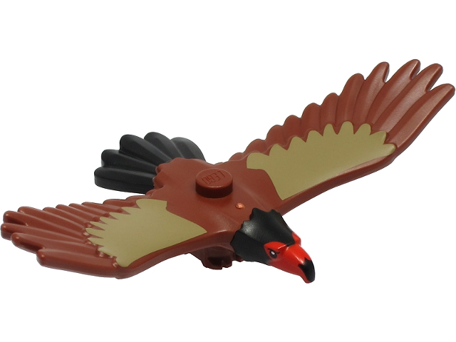 Display of LEGO part no. 37543pb02 Eagle with Red and Black Head, Black Tail Feathers and Dark Tan Wings Pattern  which is a Reddish Brown Eagle with Red and Black Head, Black Tail Feathers and Dark Tan Wings Pattern 
