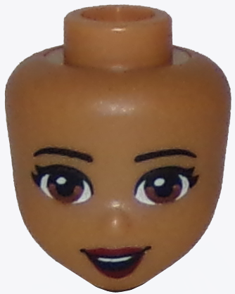 Display of LEGO part no. 37591 Mini Doll, Head Friends with Reddish Brown Eyes, Dark Red Lips and Open Mouth Smile Pattern  which is a Medium Nougat Mini Doll, Head Friends with Reddish Brown Eyes, Dark Red Lips and Open Mouth Smile Pattern 