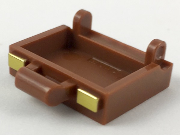 Display of LEGO part no. 37702pb01 Minifigure, Utensil Suitcase Base with Gold Clasps Pattern  which is a Reddish Brown Minifigure, Utensil Suitcase Base with Gold Clasps Pattern 