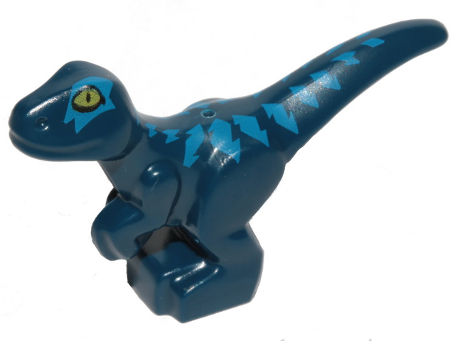 Display of LEGO part no. 37829pb03 Dinosaur Baby Standing with Blue Markings and Yellow Eyes Pattern  which is a Dark Blue Dinosaur Baby Standing with Blue Markings and Yellow Eyes Pattern 