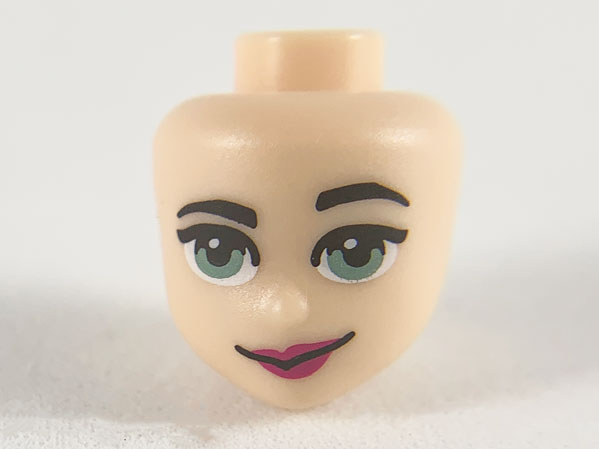 Display of LEGO part no. 38594 Mini Doll, Head Friends with Sand Green Eyes, Magenta Lips and Smirk Pattern  which is a Light Nougat Mini Doll, Head Friends with Sand Green Eyes, Magenta Lips and Smirk Pattern 