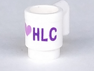 Display of LEGO part no. 3899pb007 Minifigure, Utensil Cup with Dark Purple and Medium Lavender 'I' Heart 'HLC' Pattern  which is a White Minifigure, Utensil Cup with Dark Purple and Medium Lavender 'I' Heart 'HLC' Pattern 