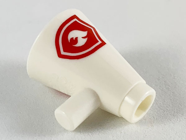 Display of LEGO part no. 39144pb01 Minifigure, Utensil Megaphone Speaking Trumpet with Red Firefighter Logo Pattern  which is a White Minifigure, Utensil Megaphone Speaking Trumpet with Red Firefighter Logo Pattern 