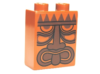 Display of LEGO part no. 4066pb443 Duplo, Brick 1 x 2 x 2 with Tribal Mask Pattern  which is a Dark Orange Duplo, Brick 1 x 2 x 2 with Tribal Mask Pattern 