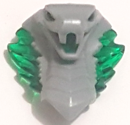 Display of LEGO part no. 41201pb02 Minifigure, Head, Modified Snake, Cobra with Open Mouth with Molded Trans-Green Eyes and Flames Pattern  which is a Light Bluish Gray Minifigure, Head, Modified Snake, Cobra with Open Mouth with Molded Trans-Green Eyes and Flames Pattern 