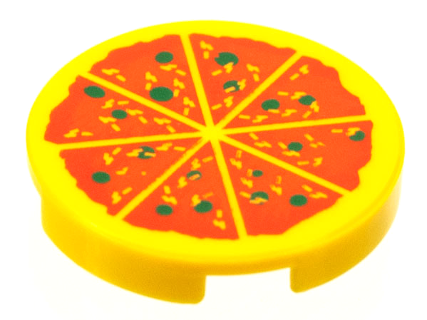 Display of LEGO part no. 4150p02 Tile, Round 2 x 2 with Pizza Pattern  which is a Yellow Tile, Round 2 x 2 with Pizza Pattern 