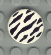 Display of LEGO part no. 4150px15 Tile, Round 2 x 2 with Zebra Stripes Pattern  which is a White Tile, Round 2 x 2 with Zebra Stripes Pattern 