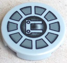 Display of LEGO part no. 4150px19 Tile, Round 2 x 2 with SW Radial Machinery Pattern  which is a Light Bluish Gray Tile, Round 2 x 2 with SW Radial Machinery Pattern 