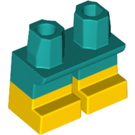 Display of LEGO part no. 41879pb024 Legs Short with Yellow Feet and Half Leg Pattern  which is a Dark Turquoise Legs Short with Yellow Feet and Half Leg Pattern 