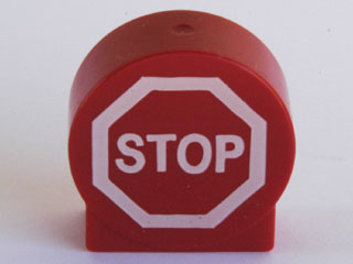Display of LEGO part no. 41970px1 Duplo, Brick 1 x 2 x 2 Round Top Road Sign with 'STOP' in Octagon Pattern  which is a Red Duplo, Brick 1 x 2 x 2 Round Top Road Sign with 'STOP' in Octagon Pattern 
