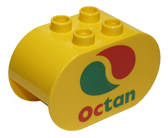 Display of LEGO part no. 4198pb17 Duplo, Brick 2 x 4 x 2 Rounded Ends with Octan Logo Pattern  which is a Yellow Duplo, Brick 2 x 4 x 2 Rounded Ends with Octan Logo Pattern 
