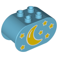 Display of LEGO part no. 4198pb23 Duplo, Brick 2 x 4 x 2 Rounded Ends with Moon and Stars Pattern  which is a Medium Azure Duplo, Brick 2 x 4 x 2 Rounded Ends with Moon and Stars Pattern 