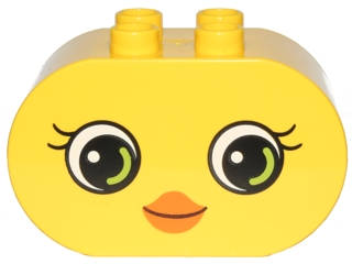 Display of LEGO part no. 4198pb25 Duplo, Brick 2 x 4 x 2 Rounded Ends with Small Beak and Eyes with Eyelashes Pattern (10817)  which is a Yellow Duplo, Brick 2 x 4 x 2 Rounded Ends with Small Beak and Eyes with Eyelashes Pattern (10817) 