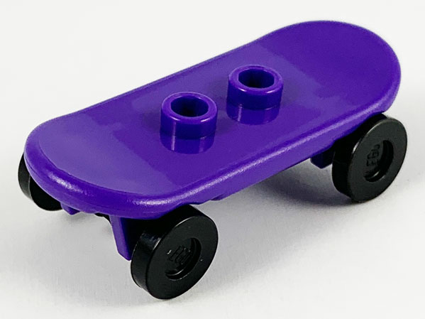 Display of LEGO part no. 42511c01 Minifigure, Utensil Skateboard Deck with Black Wheels (42511 / 2496)  which is a Dark Purple Minifigure, Utensil Skateboard Deck with Black Wheels (42511 / 2496) 