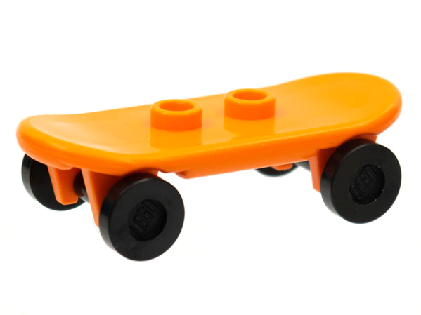 Display of LEGO part no. 42511c01 Minifigure, Utensil Skateboard Deck with Black Wheels (42511 / 2496)  which is a Orange Minifigure, Utensil Skateboard Deck with Black Wheels (42511 / 2496) 