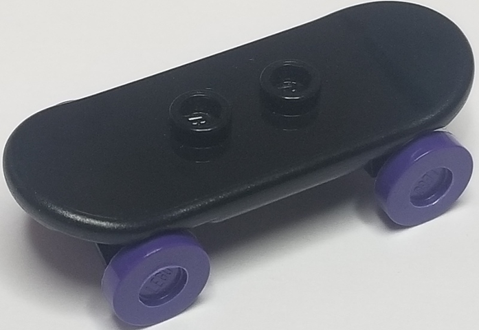 Display of LEGO part no. 42511c04 Minifigure, Utensil Skateboard Deck with Dark Purple Wheels (42511 / 2496)  which is a Black Minifigure, Utensil Skateboard Deck with Dark Purple Wheels (42511 / 2496) 