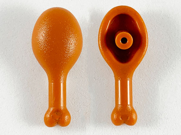 Display of LEGO part no. 42876 Turkey Drumstick, 22mm with Oval Opening on Back  which is a Dark Orange Turkey Drumstick, 22mm with Oval Opening on Back 